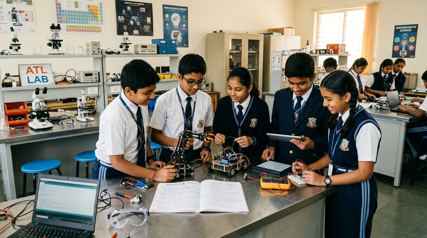 Middle school students collaborating in science laboratory